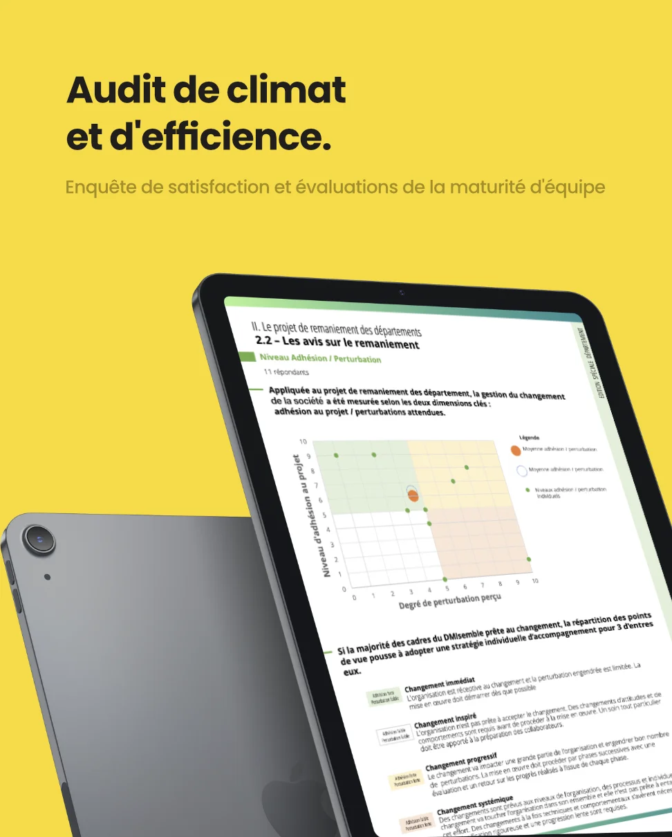 Audit de climat et d'efficience. Enquête de satisfaction et évaluation de la maturité d'équipe.